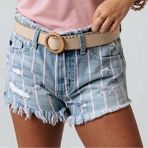 KanCan The Kently High Waist Distressed Shorts Women's L Raw Hem Striped Frayed